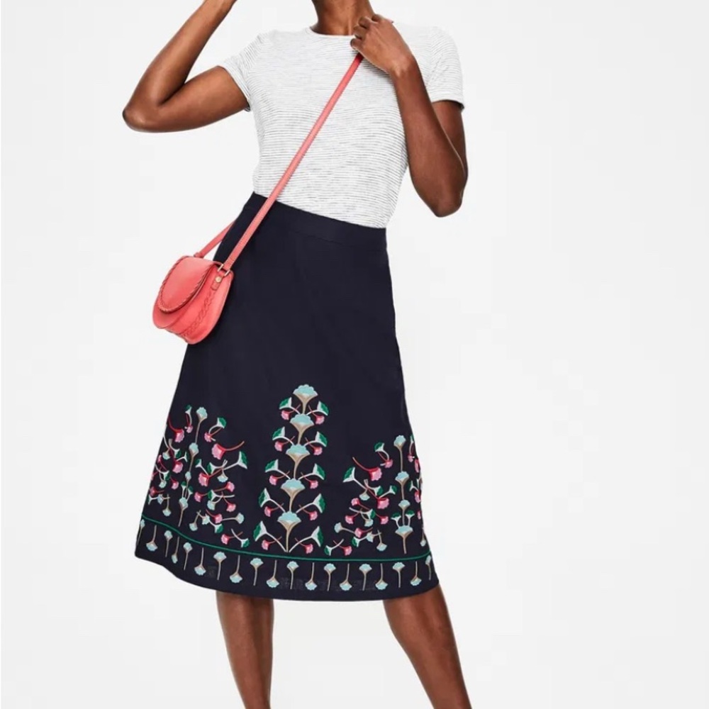 BODEN Brooke Embroidered Floral Skirt, 4R, Linen & Cotton, Navy, A-Line Knee